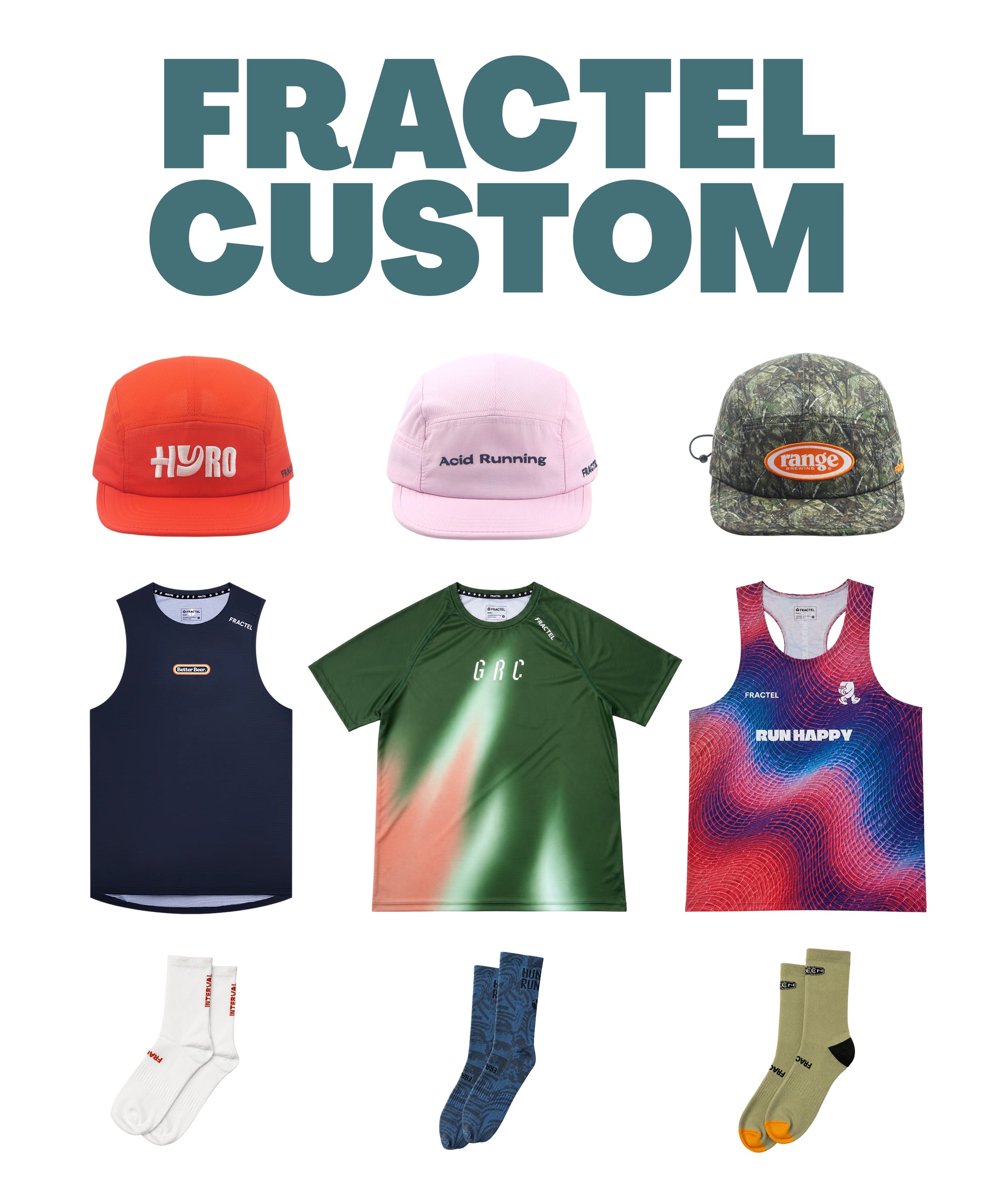 A collage of multiple apparel items under the large text 'FRACTEL CUSTOM' on a white background, including three caps, three tank tops, a short-sleeve athletic shirt, and three pairs of socks.