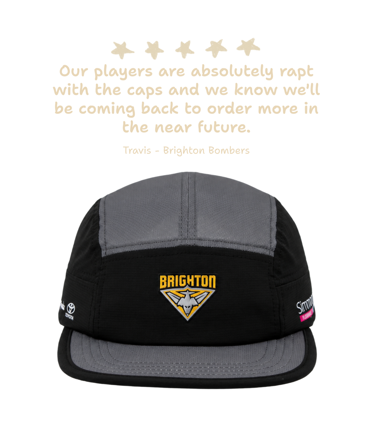 A black and gray 5-panel cap with a Brighton logo embroidered on the front, shown below a quote from Travis about the cap. The quote is in a light beige font on a white background.