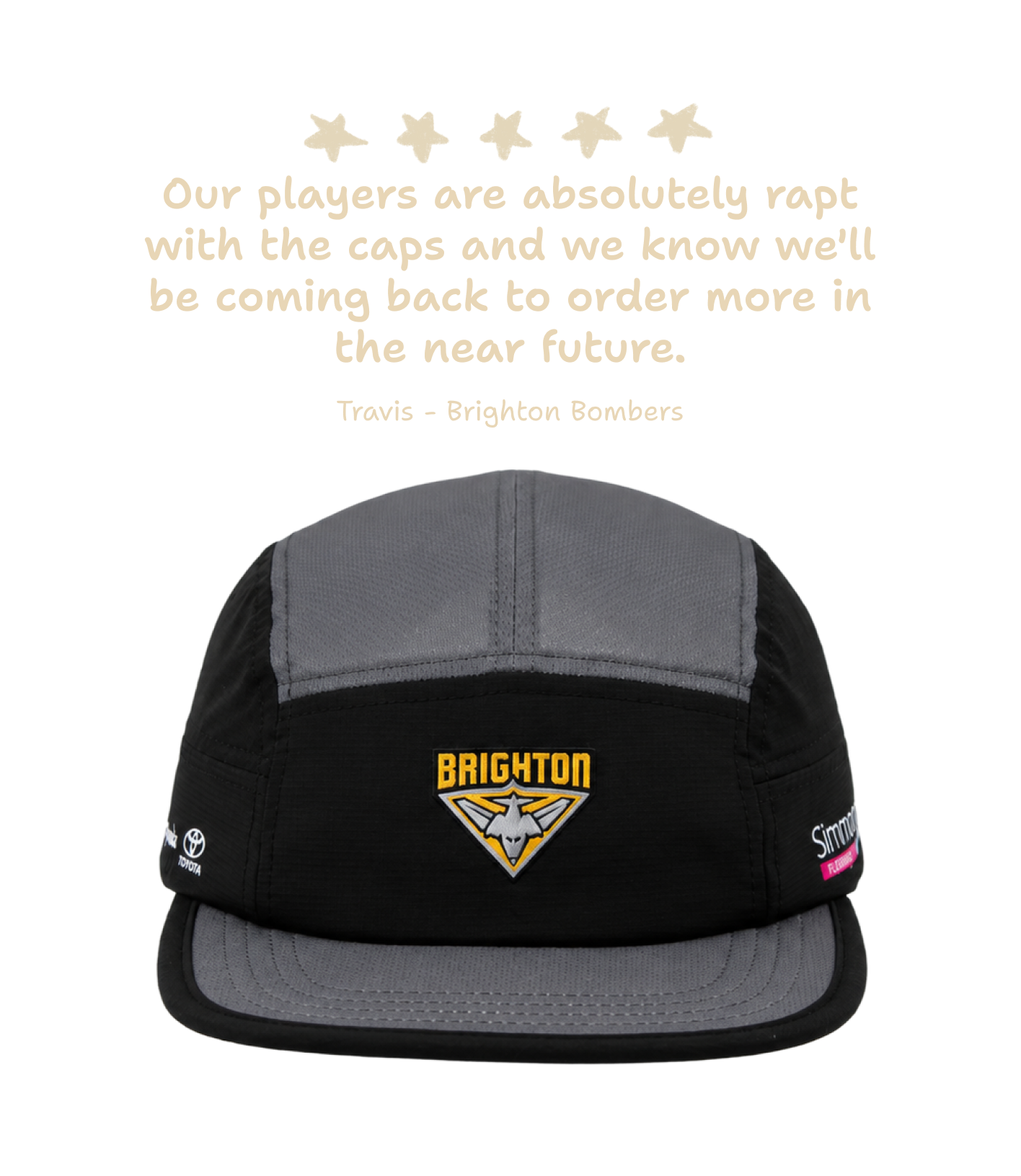 A black and gray 5-panel cap with a Brighton logo embroidered on the front, shown below a quote from Travis about the cap. The quote is in a light beige font on a white background.