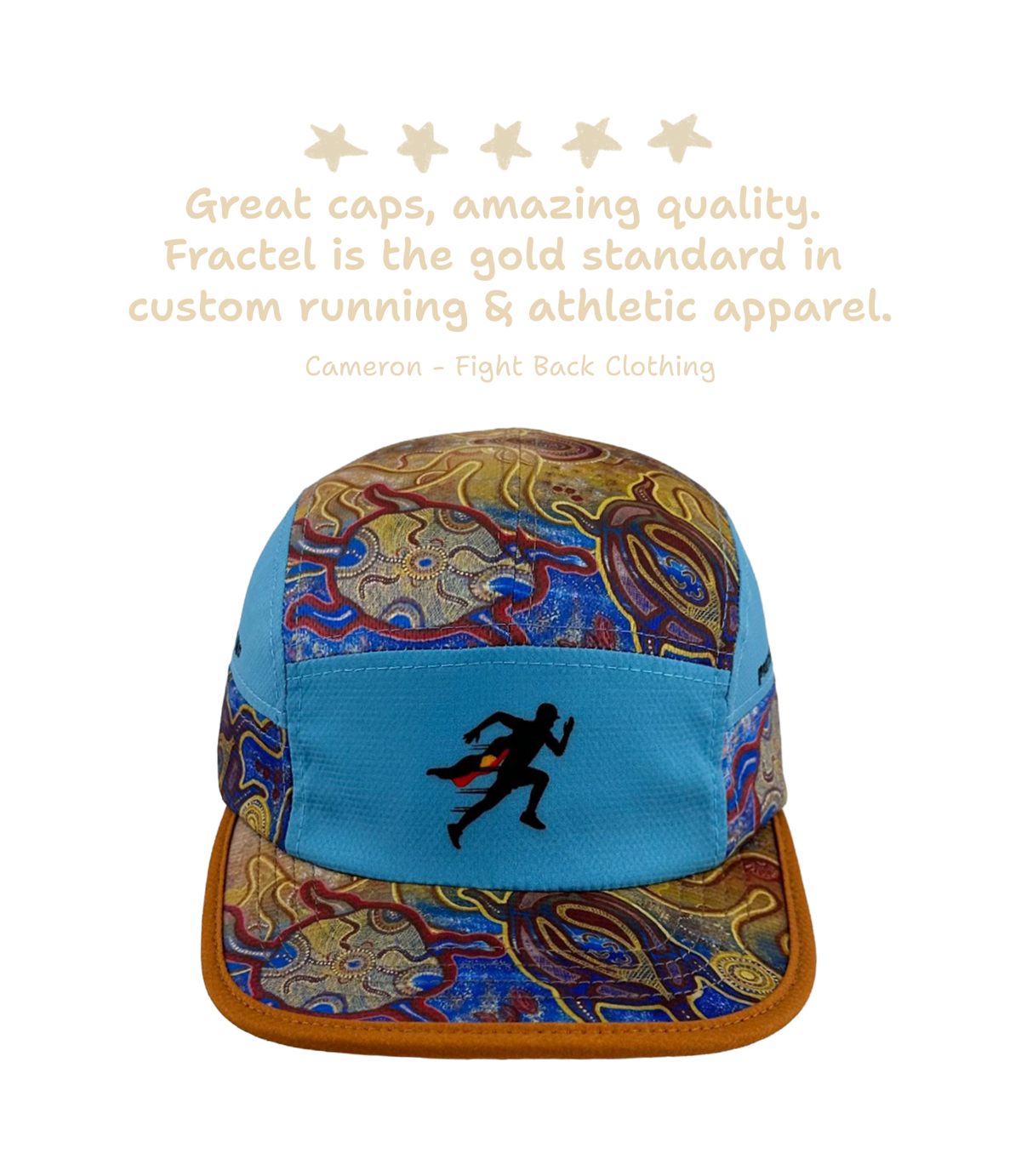 A 5-panel running cap with a light blue front panel featuring a black running silhouette logo, and patterned side panels in blue, gold, and red. The cap is shown against a white background with a quote and five stars above it.