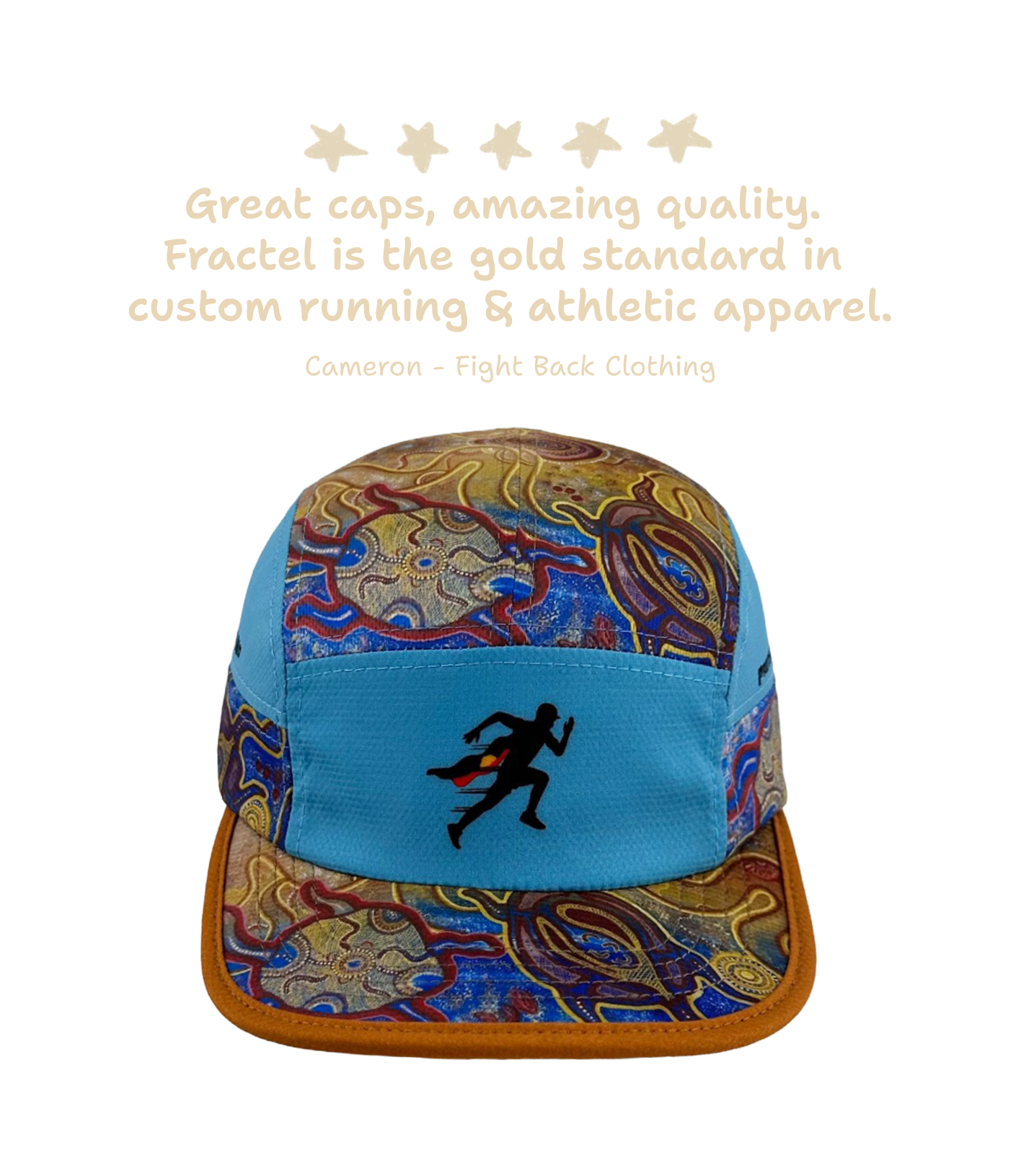 A 5-panel running cap with a light blue front panel featuring a black running silhouette logo, and patterned side panels in blue, gold, and red. The cap is shown against a white background with a quote and five stars above it.