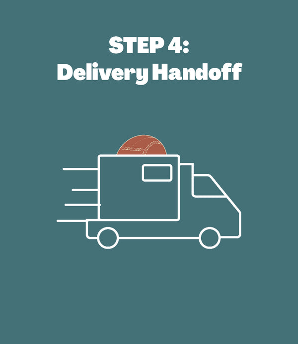 A teal graphic with white text reading 'STEP 4: Delivery Handoff' above a simple white line drawing of a delivery truck with a brown package on top.