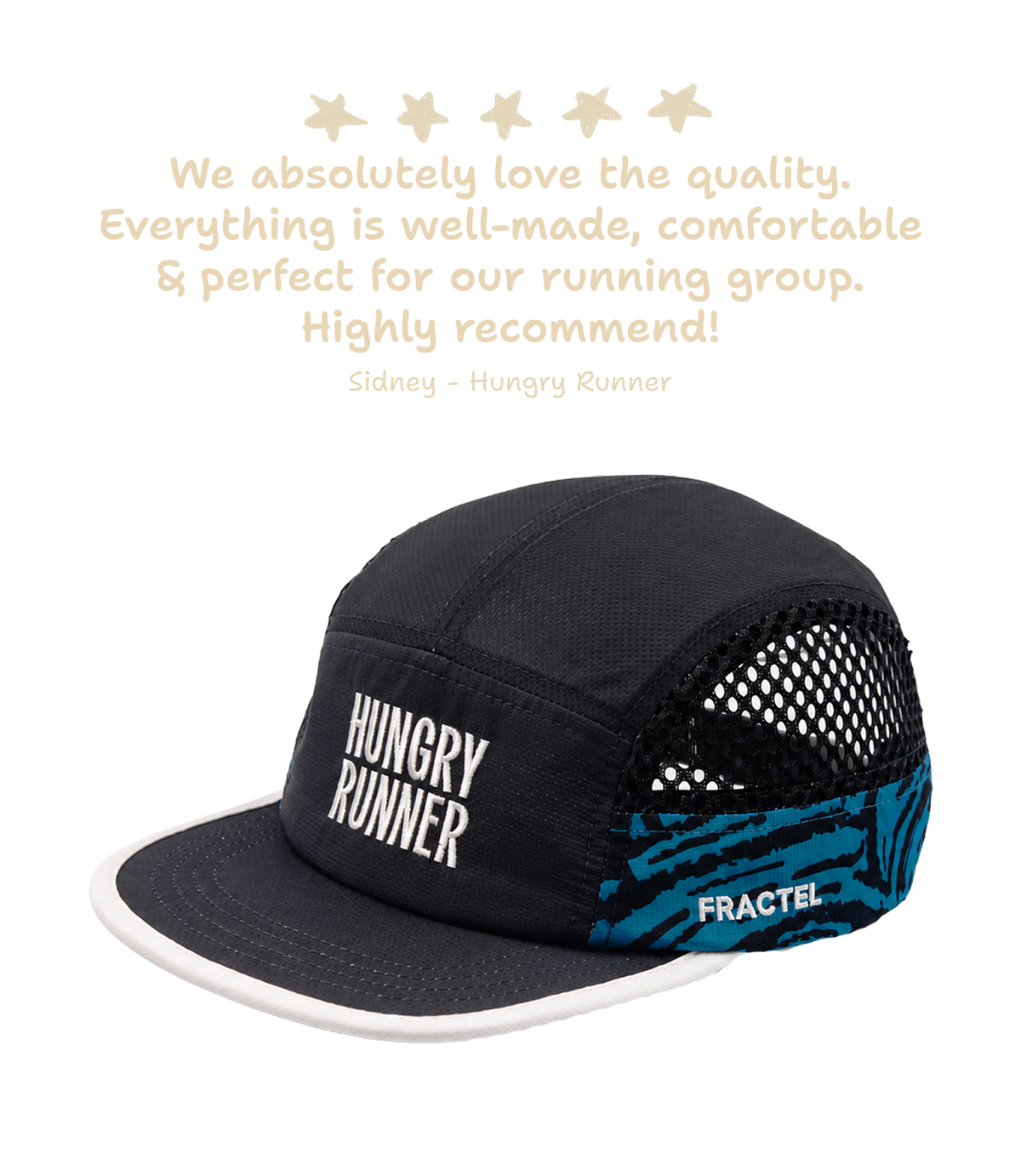 A black custom Fractel 5-panel running cap with a curved brim, featuring white 'HUNGRY RUNNER' text on the front and a blue patterned side panel with the Fractel logo. A customer testimonial quote is displayed above the product on a white background.