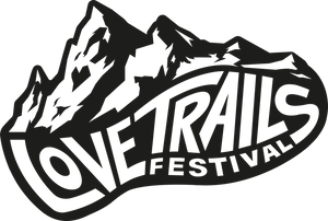 Black and white mountain logo with the words 'LOVE TRAILS FESTIVAL' in bold lettering.
