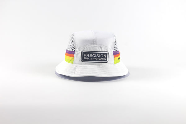 A white bucket hat with a black rectangular patch reading 'PRECISION FUEL & HYDRATION' on the front, featuring colorful striped accents on the sides and a dark brim, photographed on a clean white background.