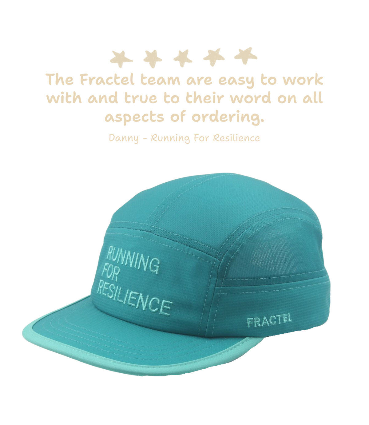 A custom running hat with white embroidered text reading 'RUNNING FOR RESILIENCE' on the front and 'FRACTEL' on the side, shown on a white background with a quote above it.