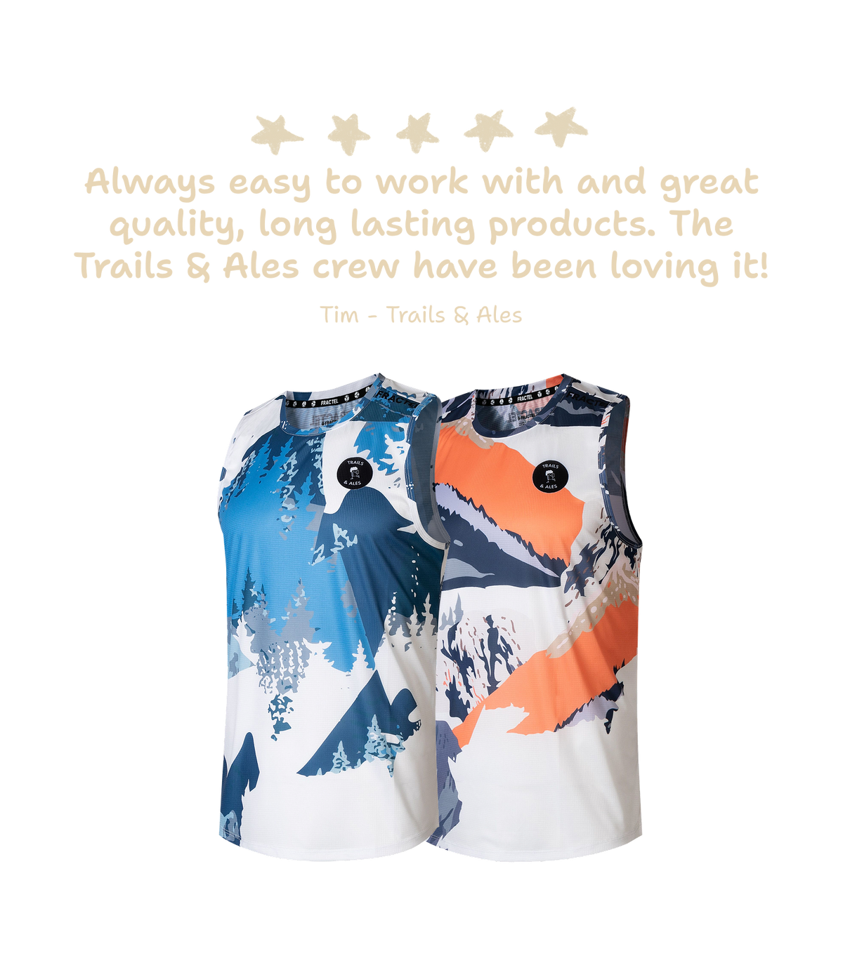 Two custom running singlets shown on a white background with promotional text above. The left top is white with blue and navy mountain/tree graphics, and the right top is white with orange and navy mountain graphics.