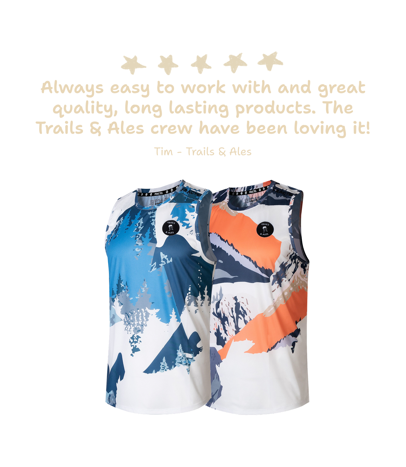 Two sleeveless athletic tank tops shown on a white background with promotional text above. The left top is white with blue and navy mountain/tree graphics, and the right top is white with orange and navy mountain graphics.