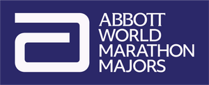 A dark blue square graphic with a large white abstract logo on the left and the text 'ABBOTT WORLD MARATHON MAJORS' in white on the right.
