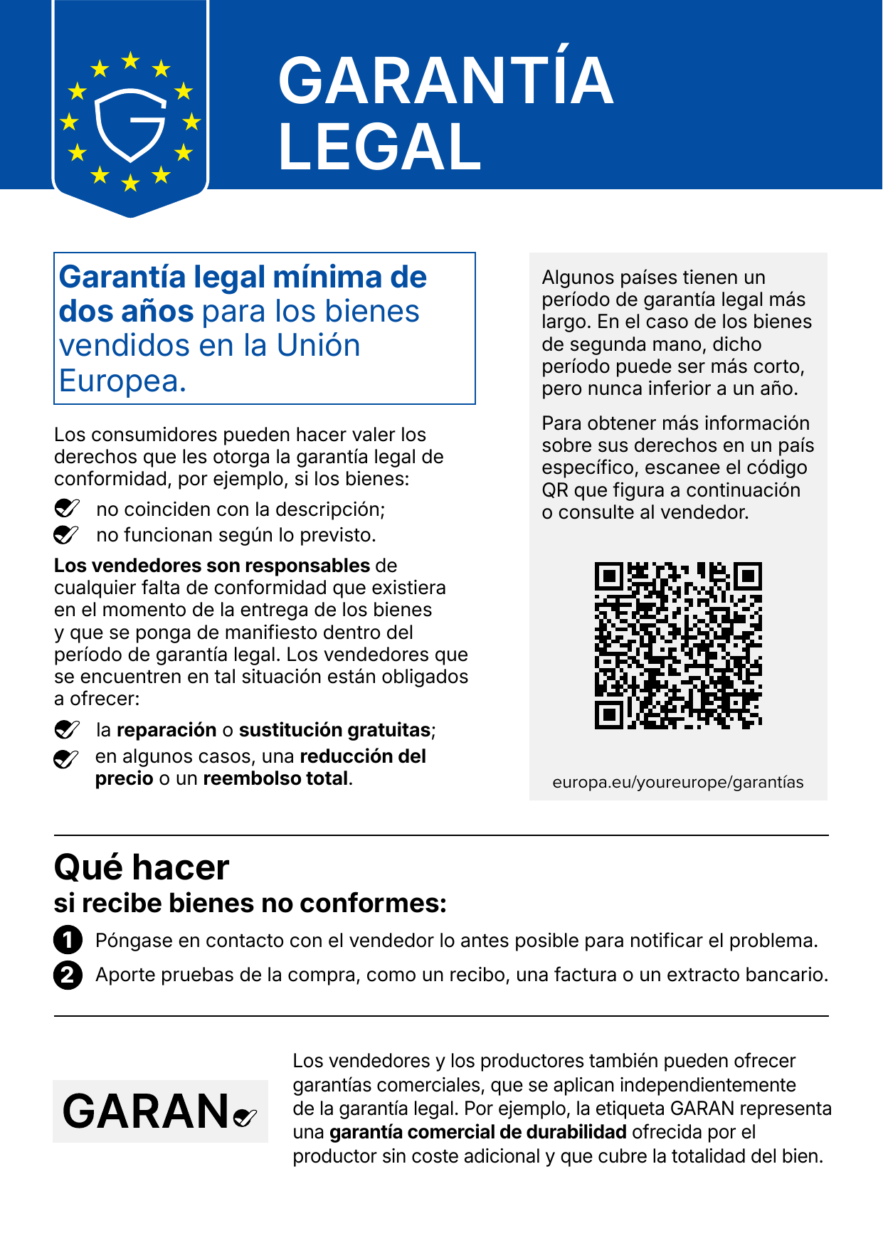 Aviso de la UE sobre la garantía legal de conformidad
